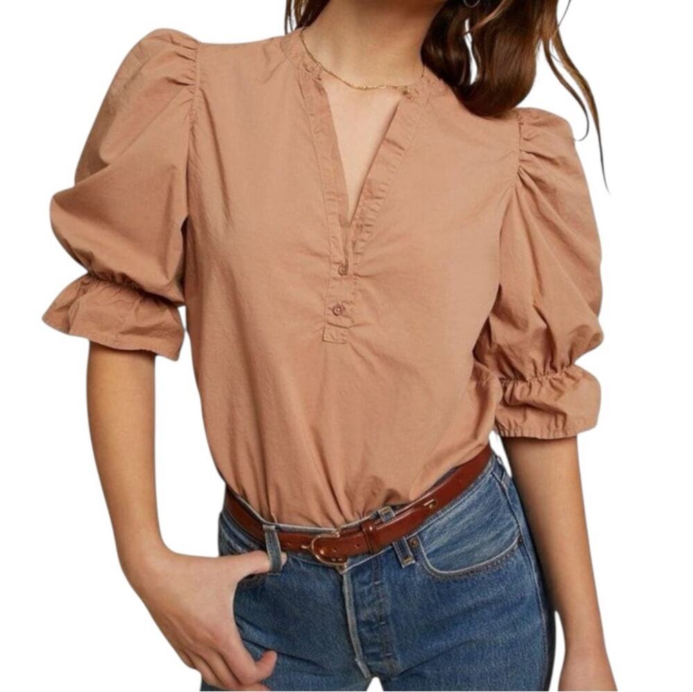 Nation LTD Top Womens XS Tan Twyla Pima Cotton Poplin Renaissance Puff Sleeve